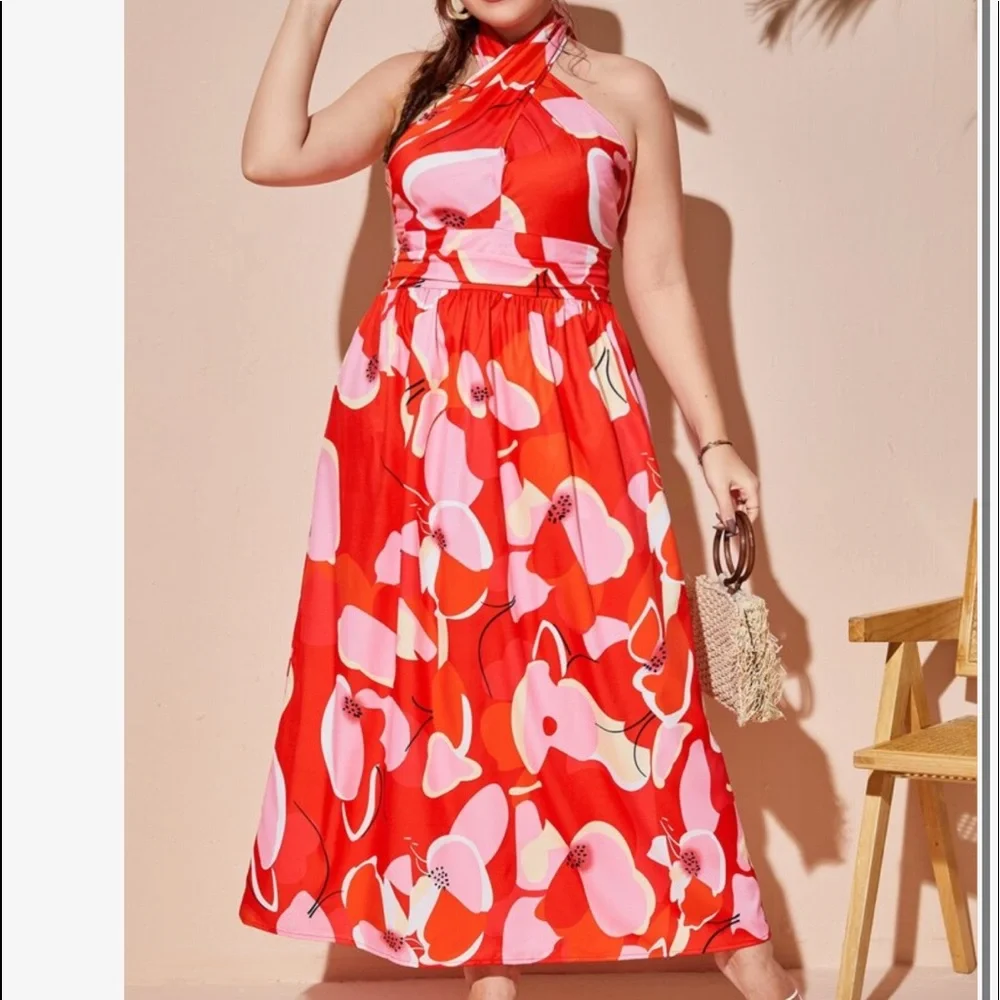 Boho Plus Size Red Floral Print Tie Back Halter Maxi Dress - Picture 9 of 14